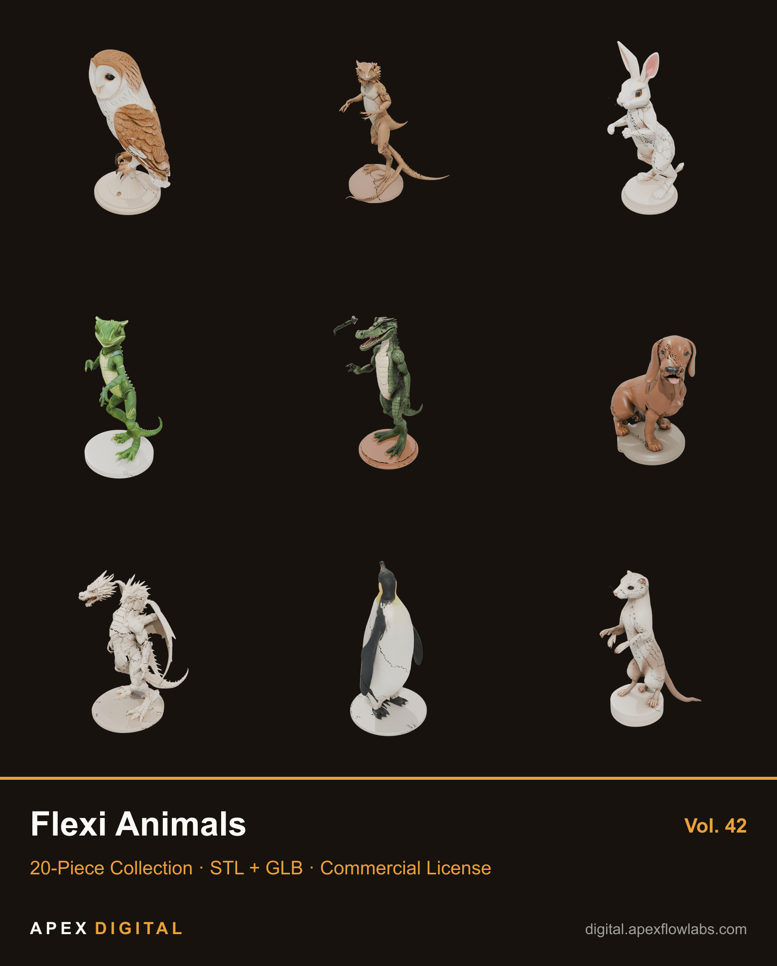 20-Piece Flexi Animals Collection Vol.42 — 3D Print STL Bundle + GLB Previews (Commercial License)