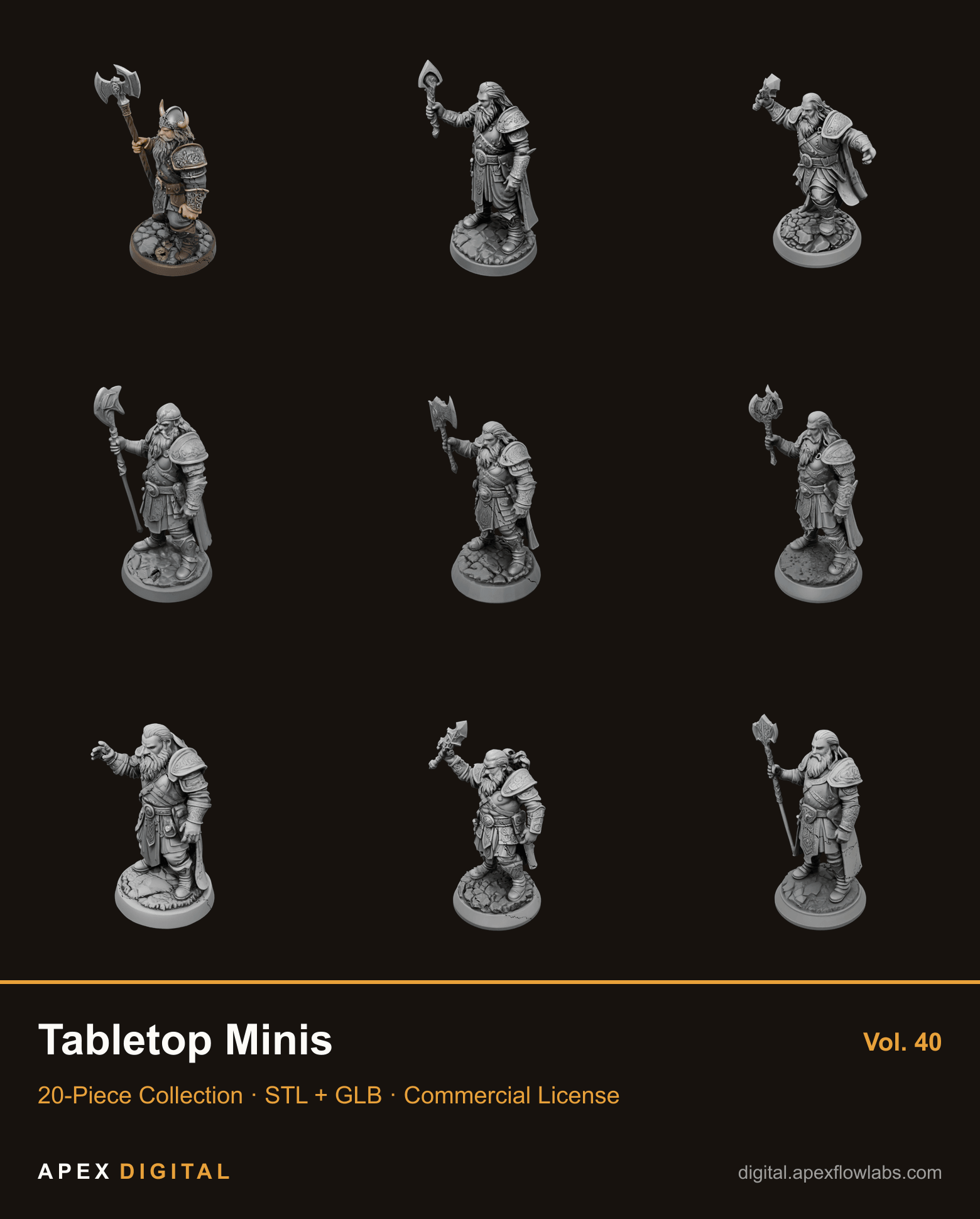 20-Piece Tabletop Minis Collection Vol.40 — 3D Print STL Bundle + GLB Previews (Commercial License)