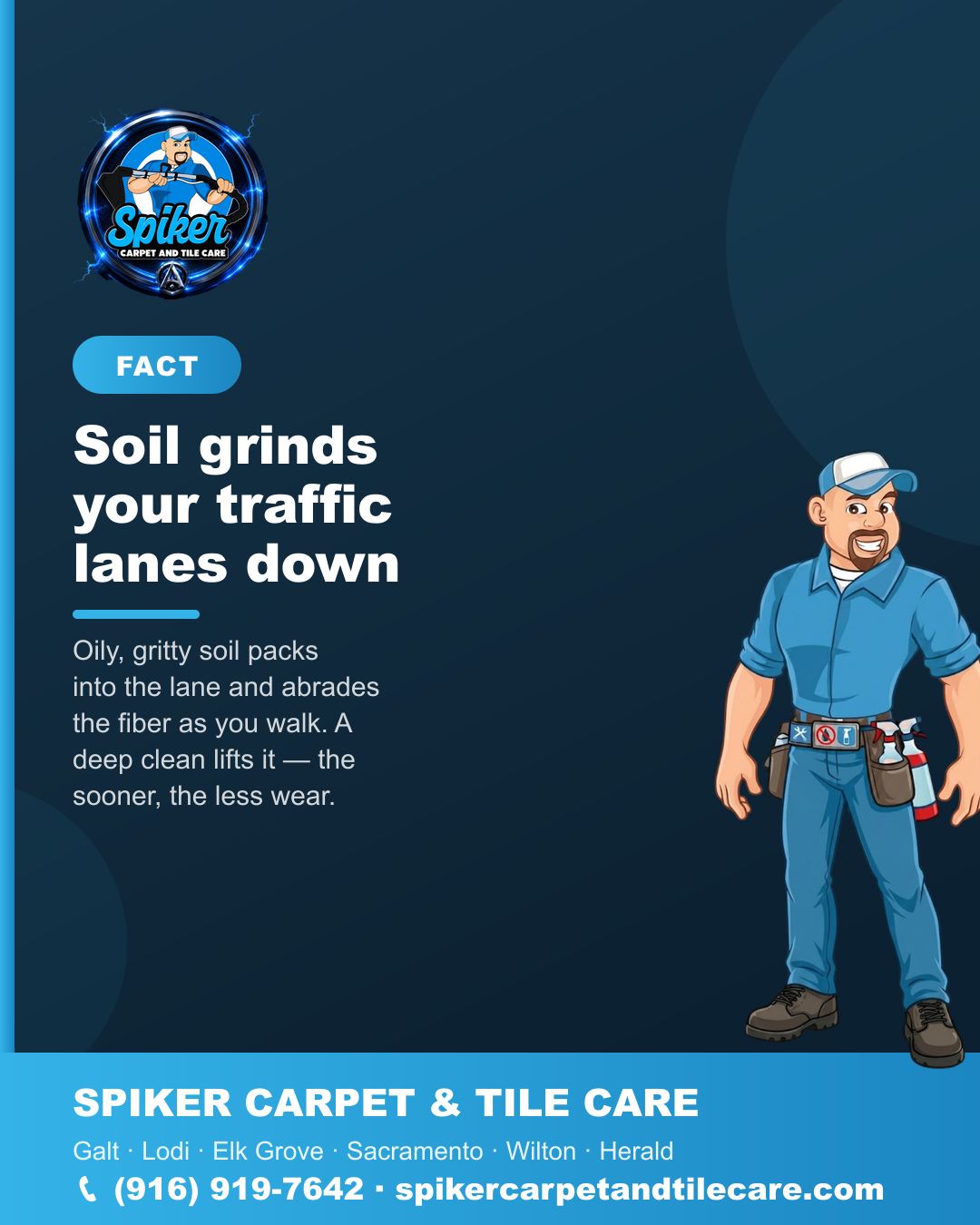 Carpet cleaning in Lodi: traffic lanes fill with oily, gritty soil that grinds the fiber e