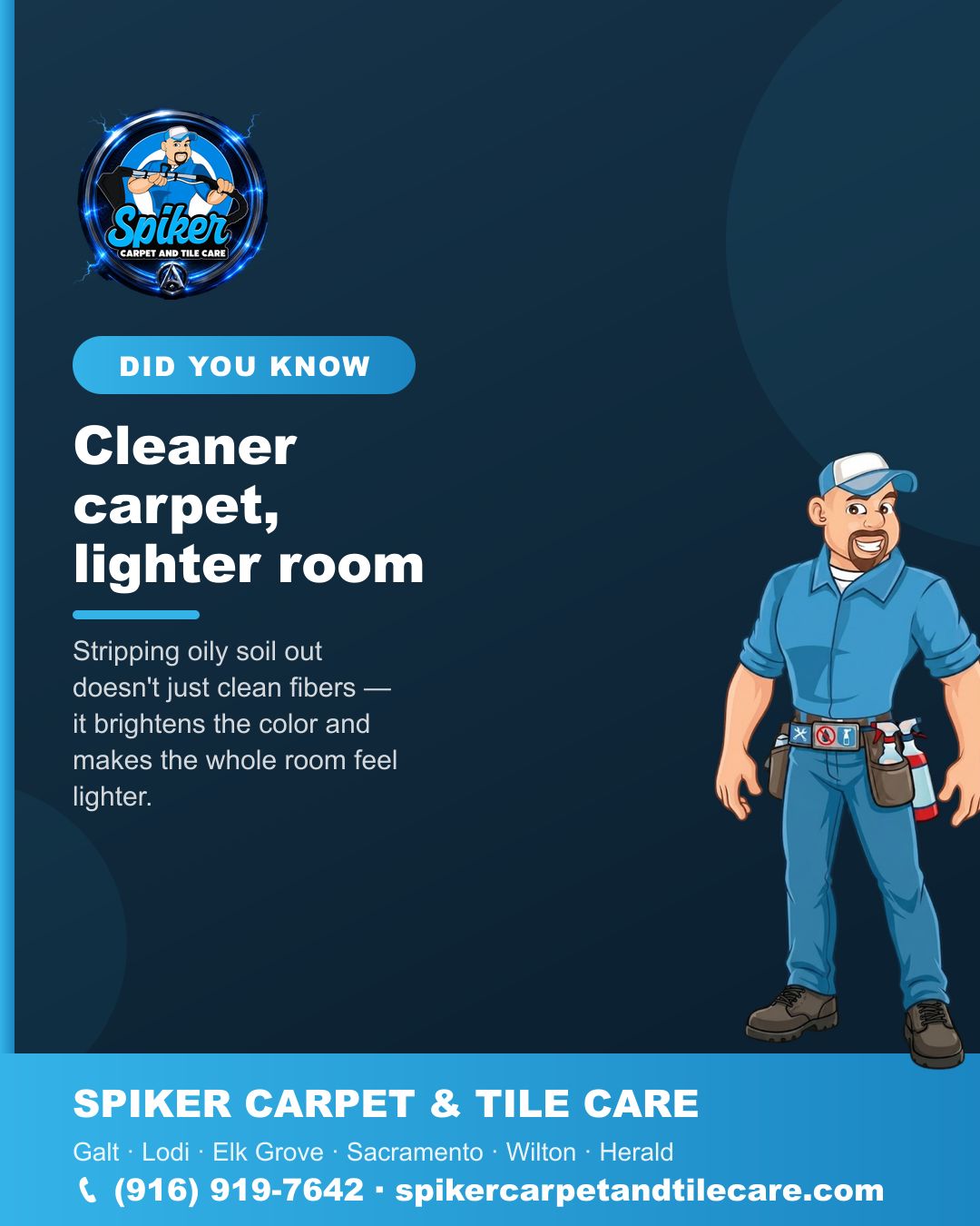Carpet cleaning in Lodi: pulling oily soil out of the pile brightens the carpet's color an