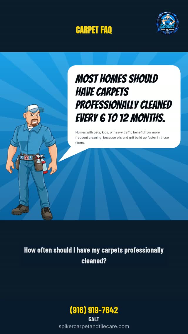 Most homes should have carpets professionally cleaned every 6 to 12 months. Homes with pet