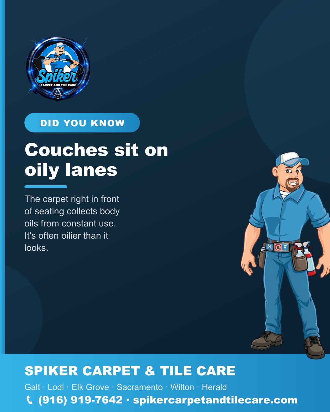 Carpet cleaning in Galt: the carpet in front of the couch soaks up body oils from daily us