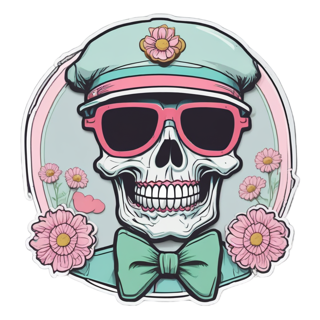 A skull with a diner cap and bow tie on a white background