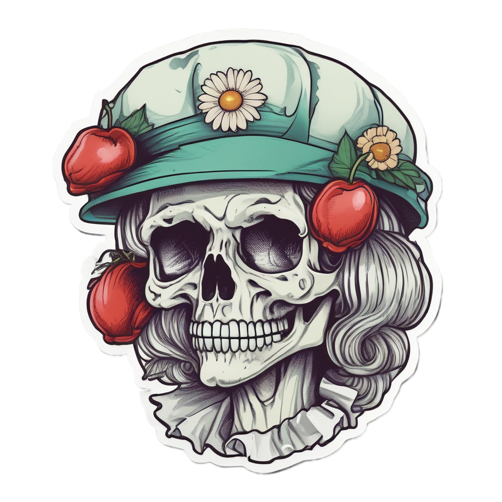 Skull in waitress cap with daisy on cheek and cherry earring on white