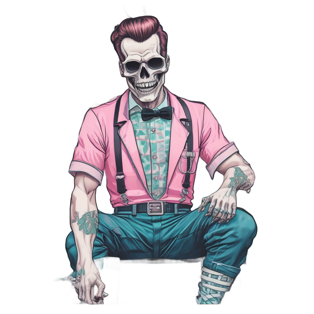 A chained skull in a diner uniform holding a milkshake.