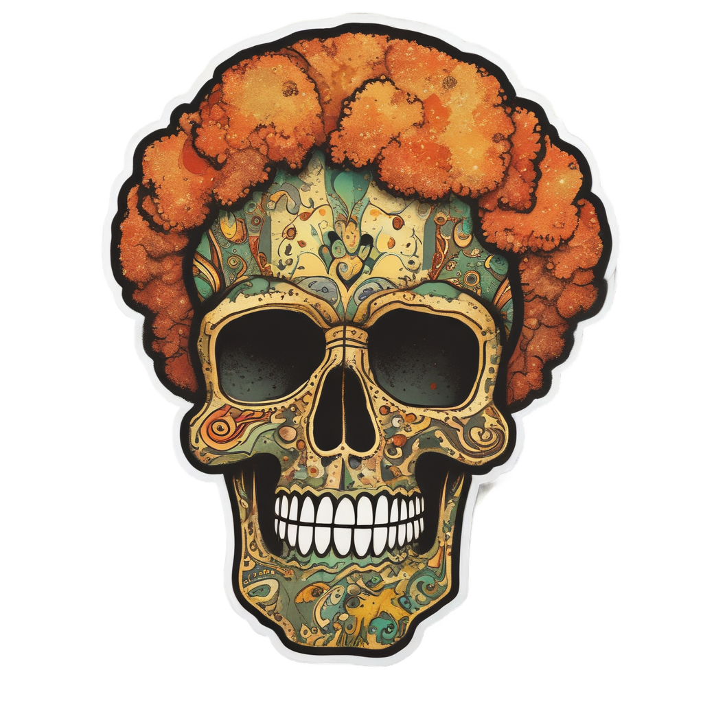die-cut sticker of a disco handprint skull with afro