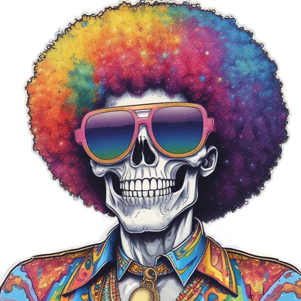 A skull with an afro and star glasses in a disco glitter scene