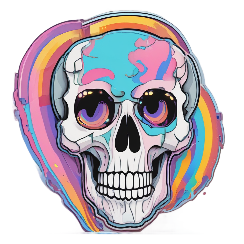Glitch skull with pixel heart and spiral eyes
