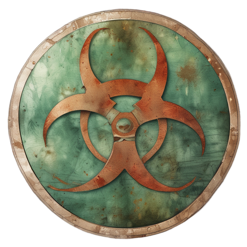Watercolor biohazard symbol with rusty, oxidized patina in red-brown and green
