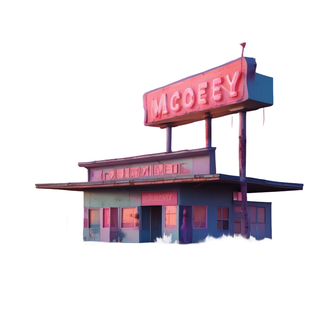Weathered neon sign of an abandoned motel on a desert highway