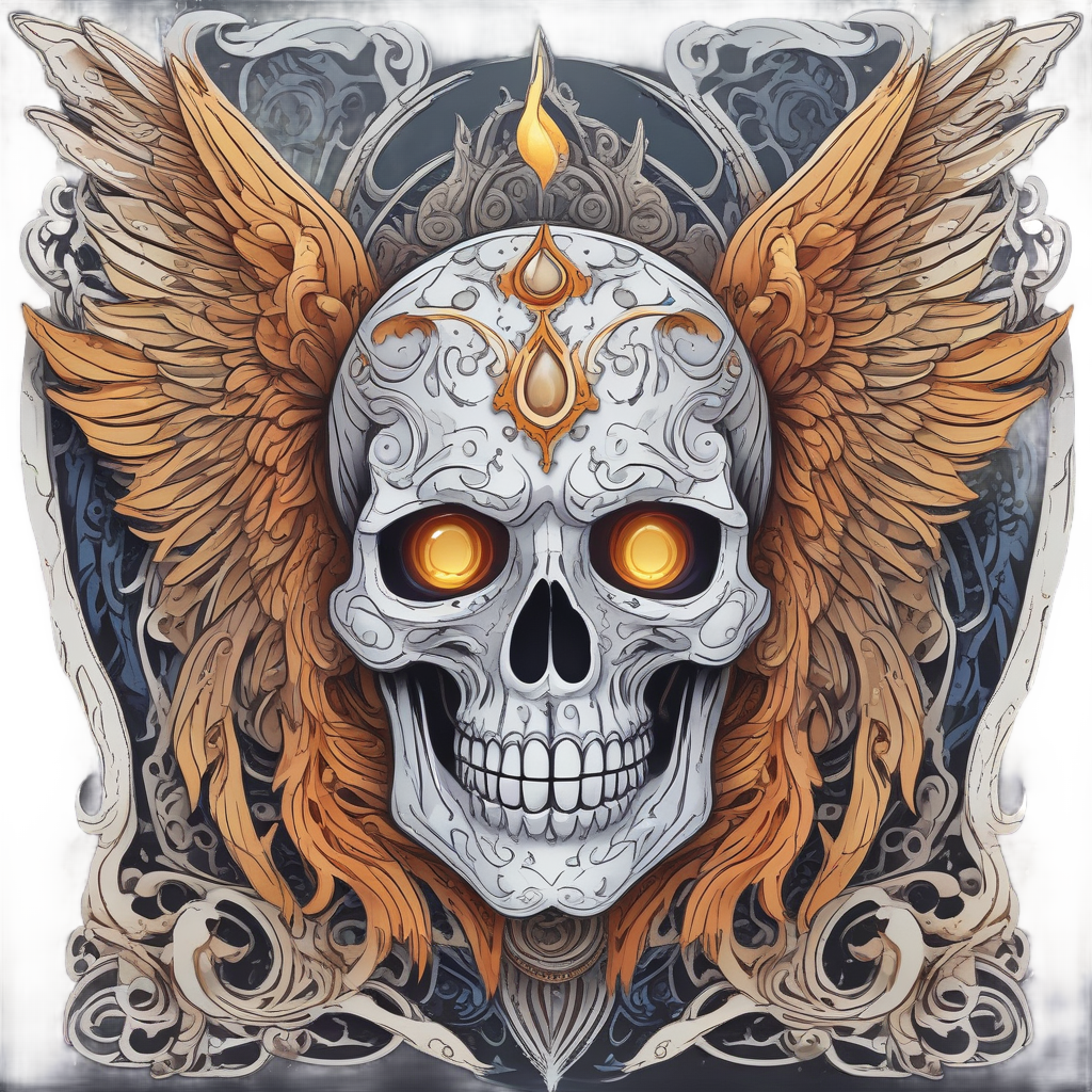 Chrome flame skull with papercut angel wings and warm cool flames