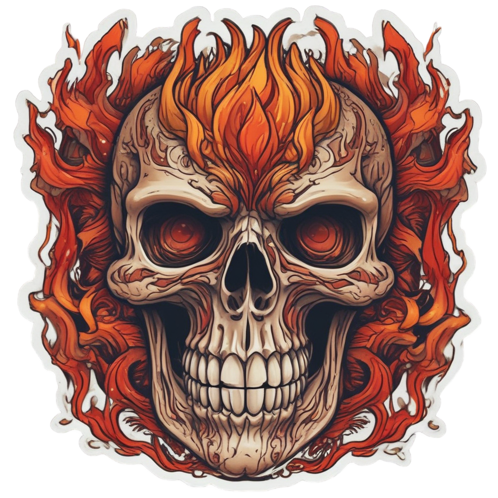 A skull with burning eyes rises from phoenix flames in tattoo style.