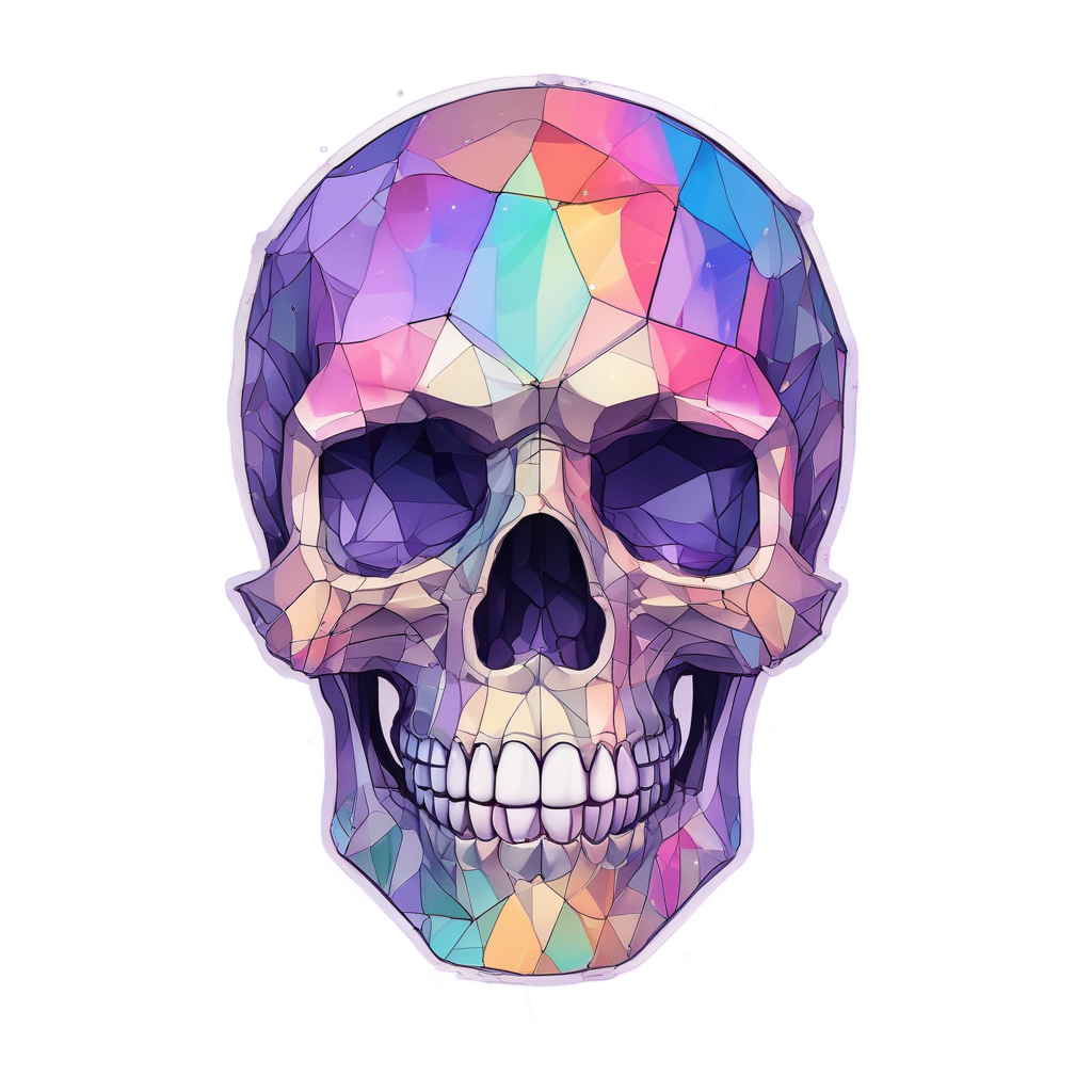 Rainbow low-poly skull with holographic refraction and diamond highlights