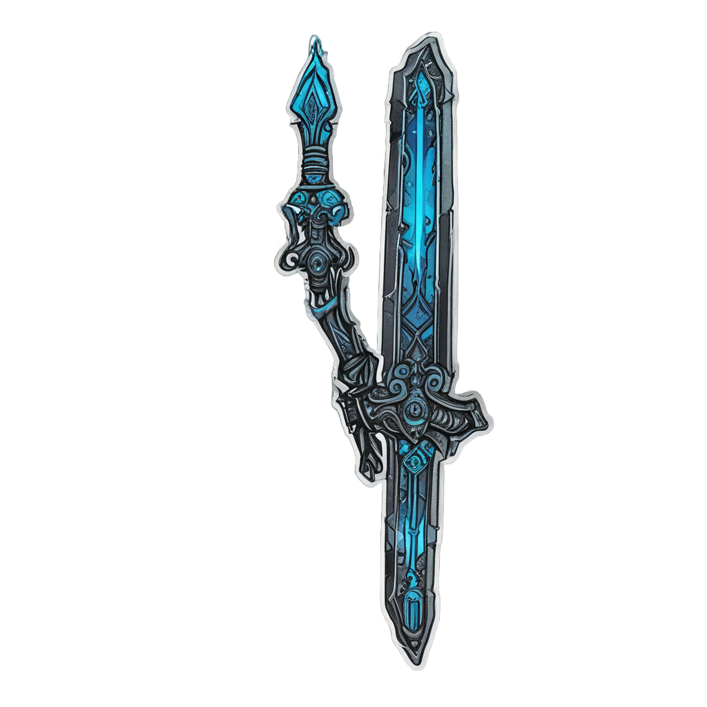 Blackwork dagger with neon cyan watercolor glow on black