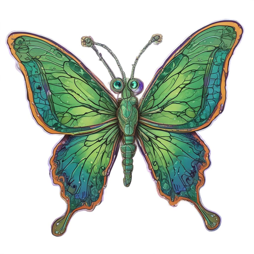 Deep sea butterfly calavera with glowing coral wings and pearl eye