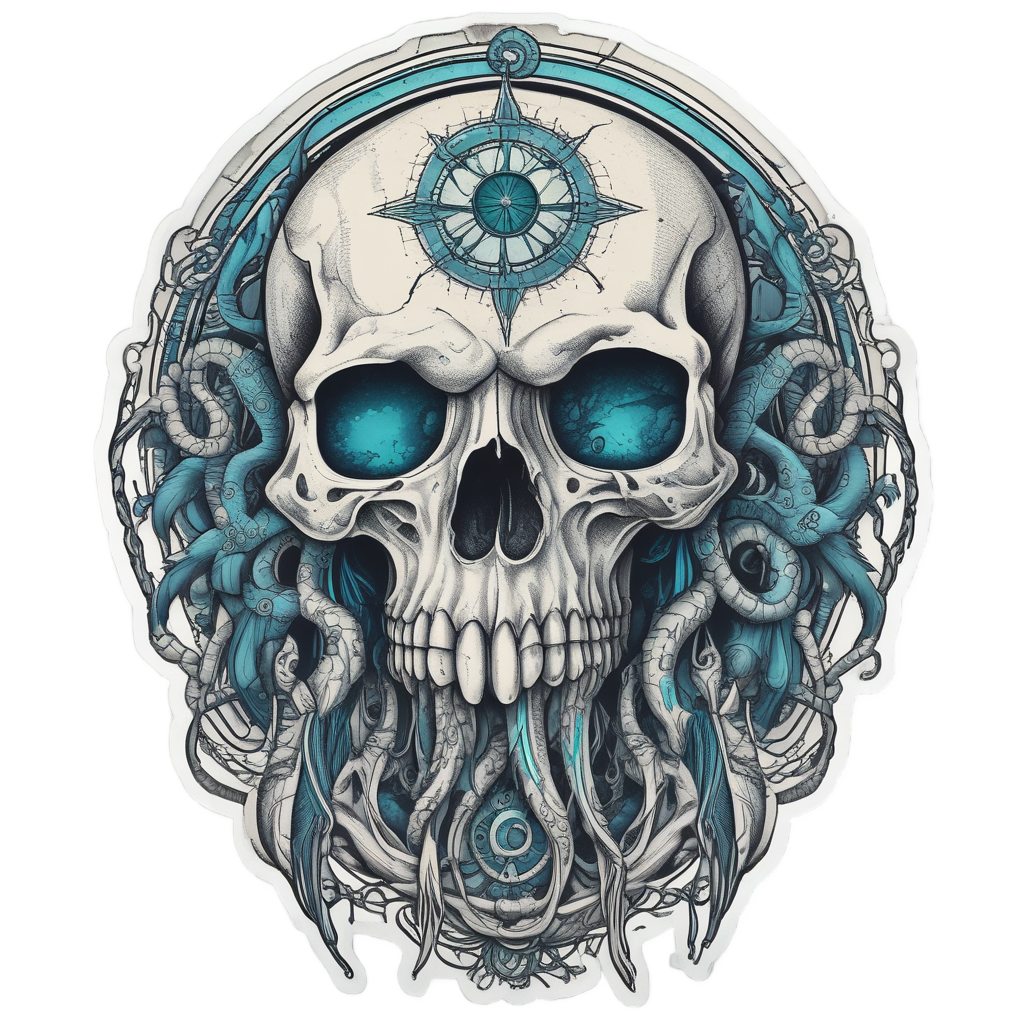 Skull with octopus tentacle web, deep blue and teal vintage tattoo