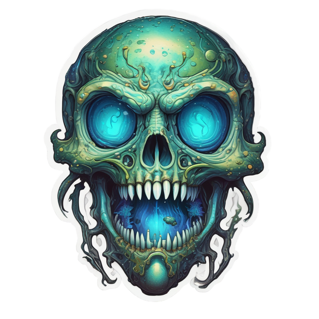 A holographic deep sea skull with bioluminescent spots and coral growth.