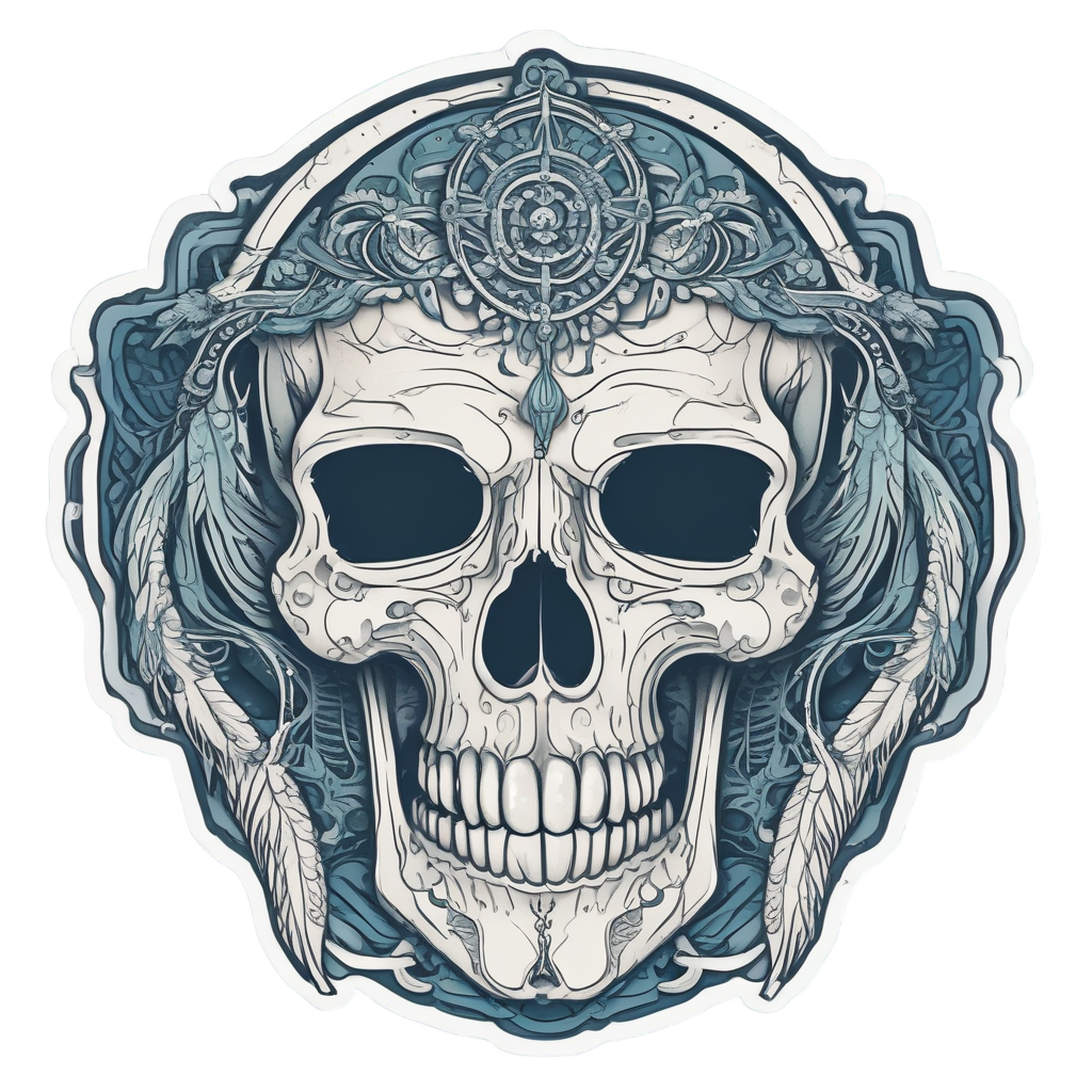 A blue ocean-themed skull sticker with waves and anchor on white.
