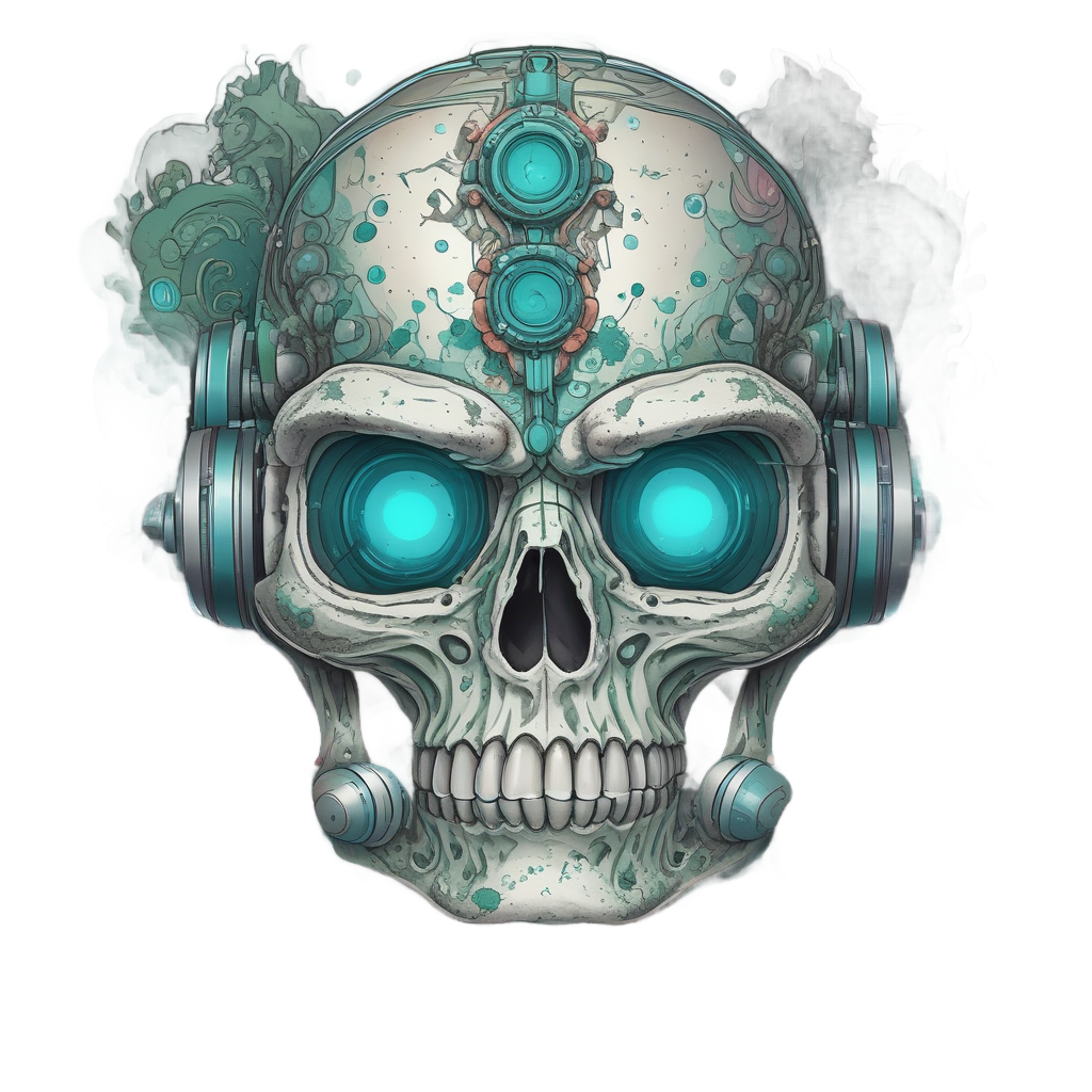 Holographic teal and green deep sea diver skull with barnacles.
