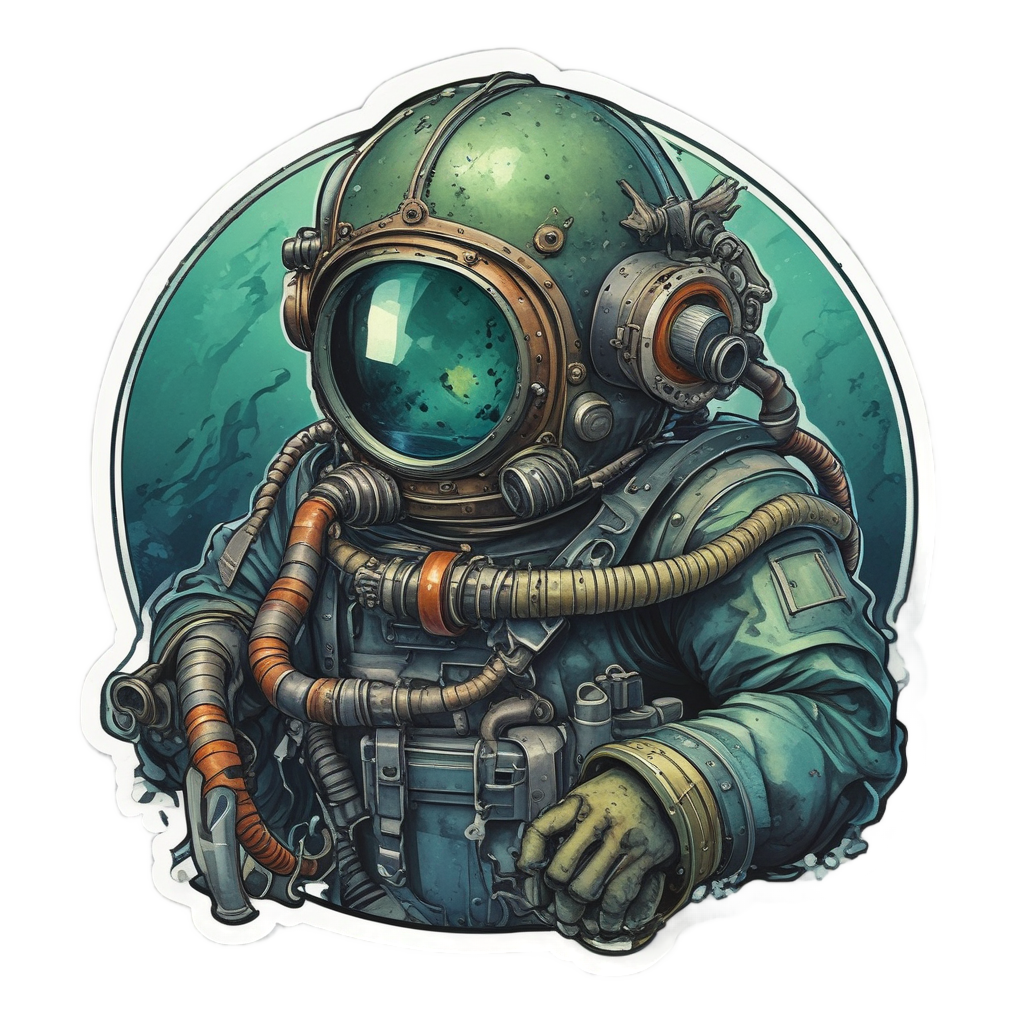 Diving helmet slasher with harpoon in dark water
