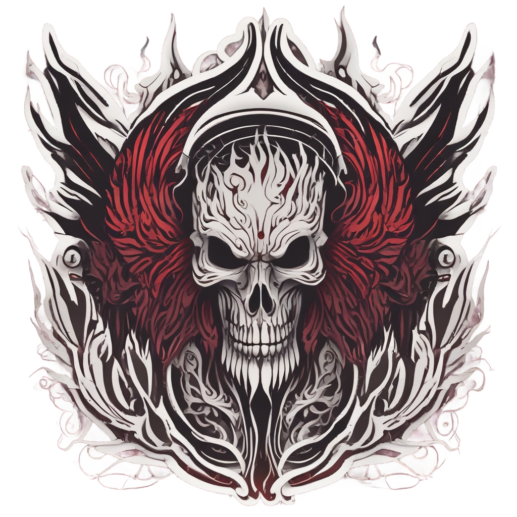 Papercut phoenix-fire skull emerging from dark abyss in black and red