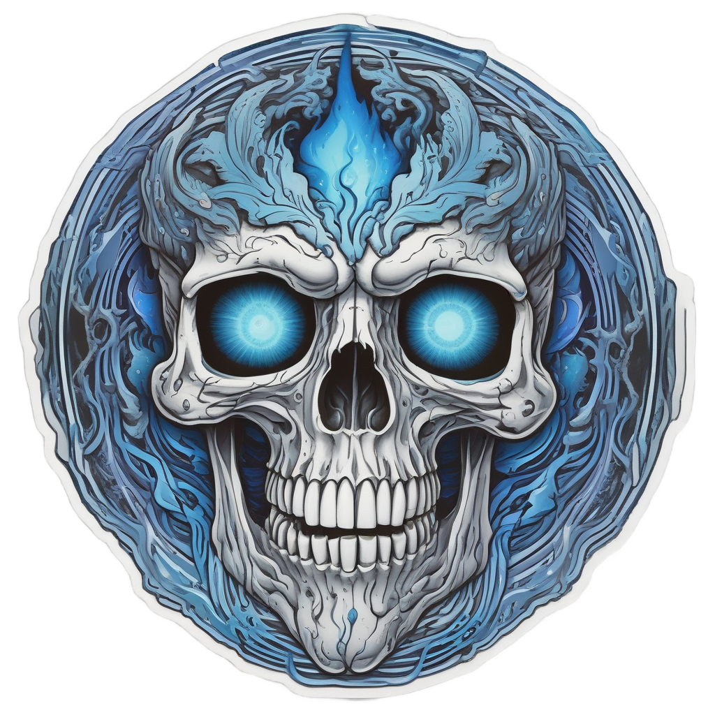 A skull with blue flame vortex eyes and horns on white.