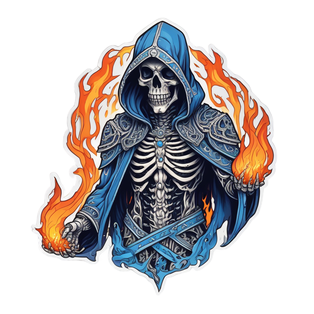 A hooded skeleton with blue flames emerging from its skull, intricate knotwork details