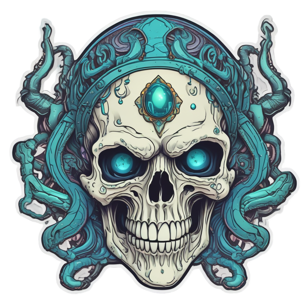 A holographic warrior skull with glowing tentacles and a captain's hat