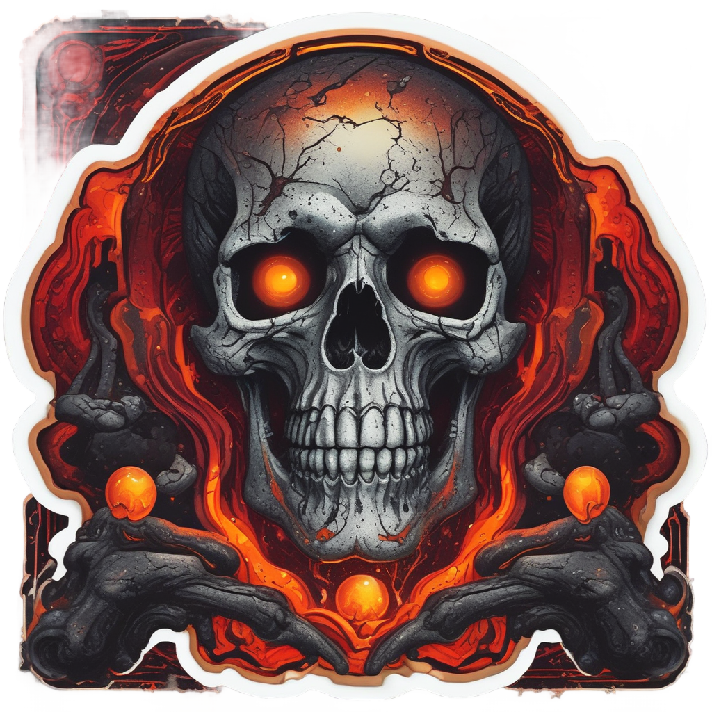 Obsidian skull emerging from holographic molten lava
