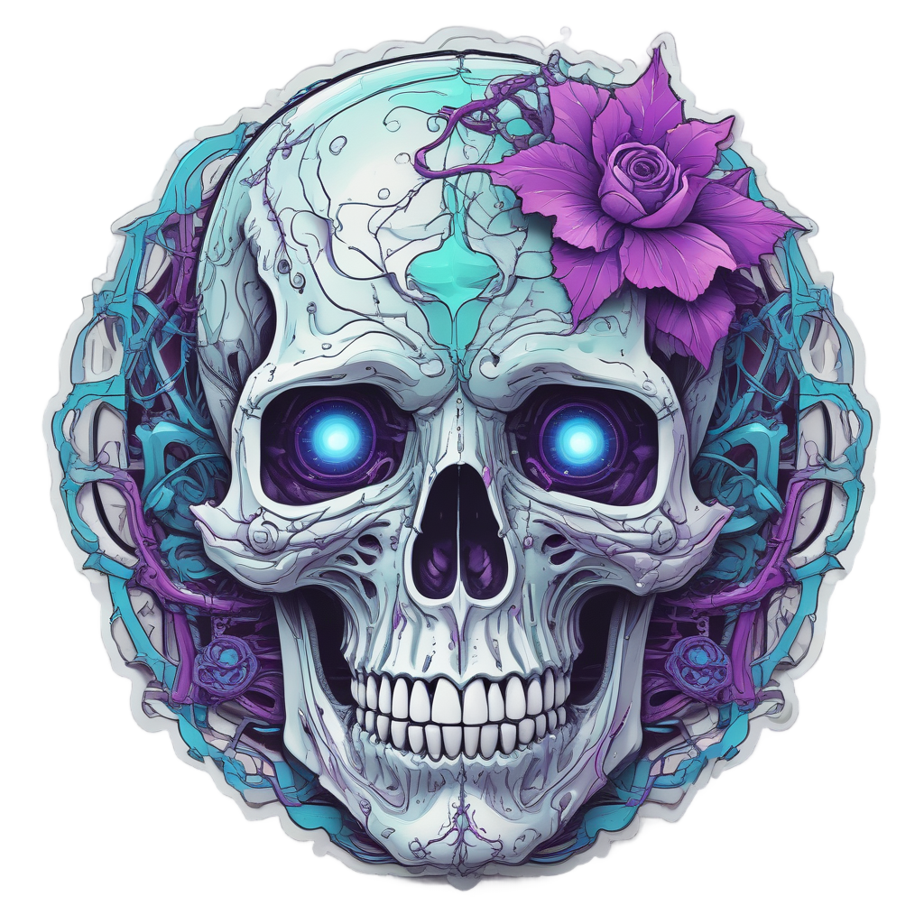 A barbed-wire skull with metallic floral vines in holographic neon purple against white