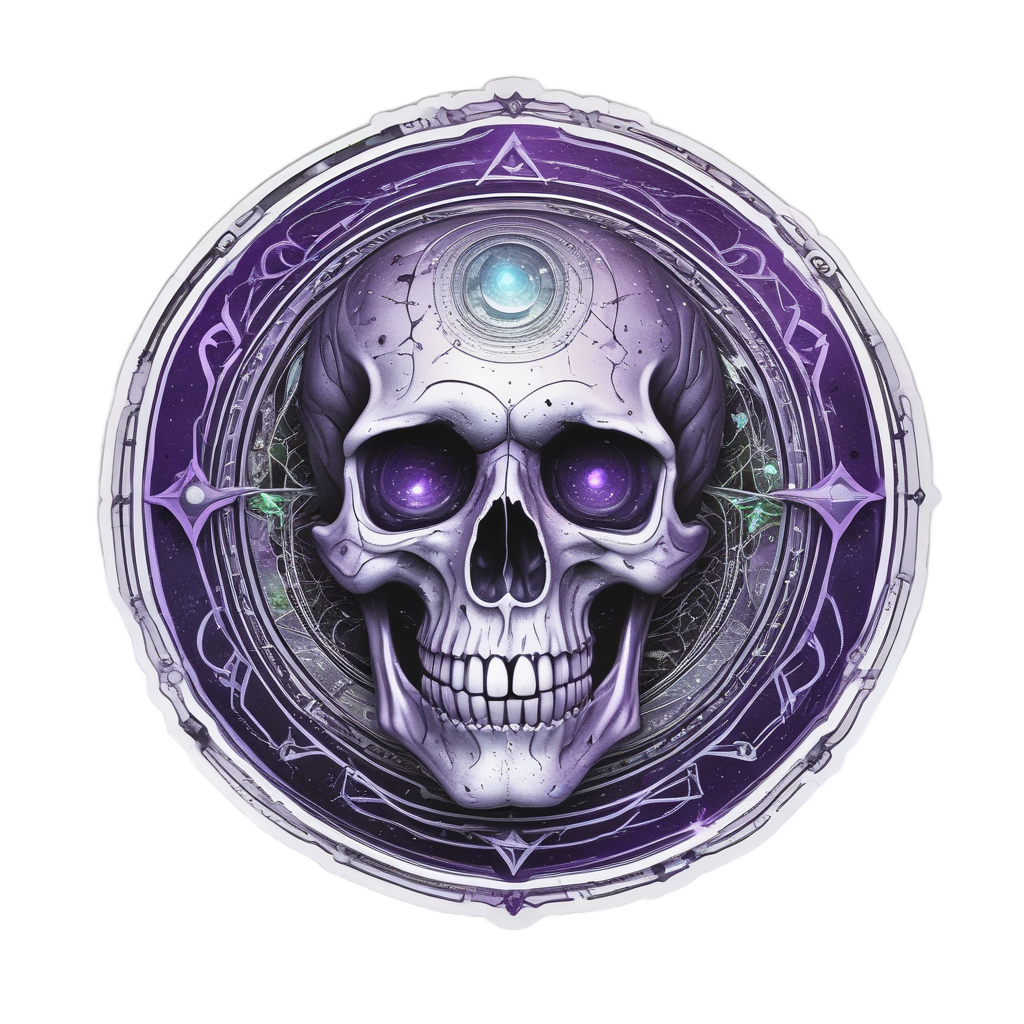 A holographic skull with black hole and constellation rings die-cut sticker