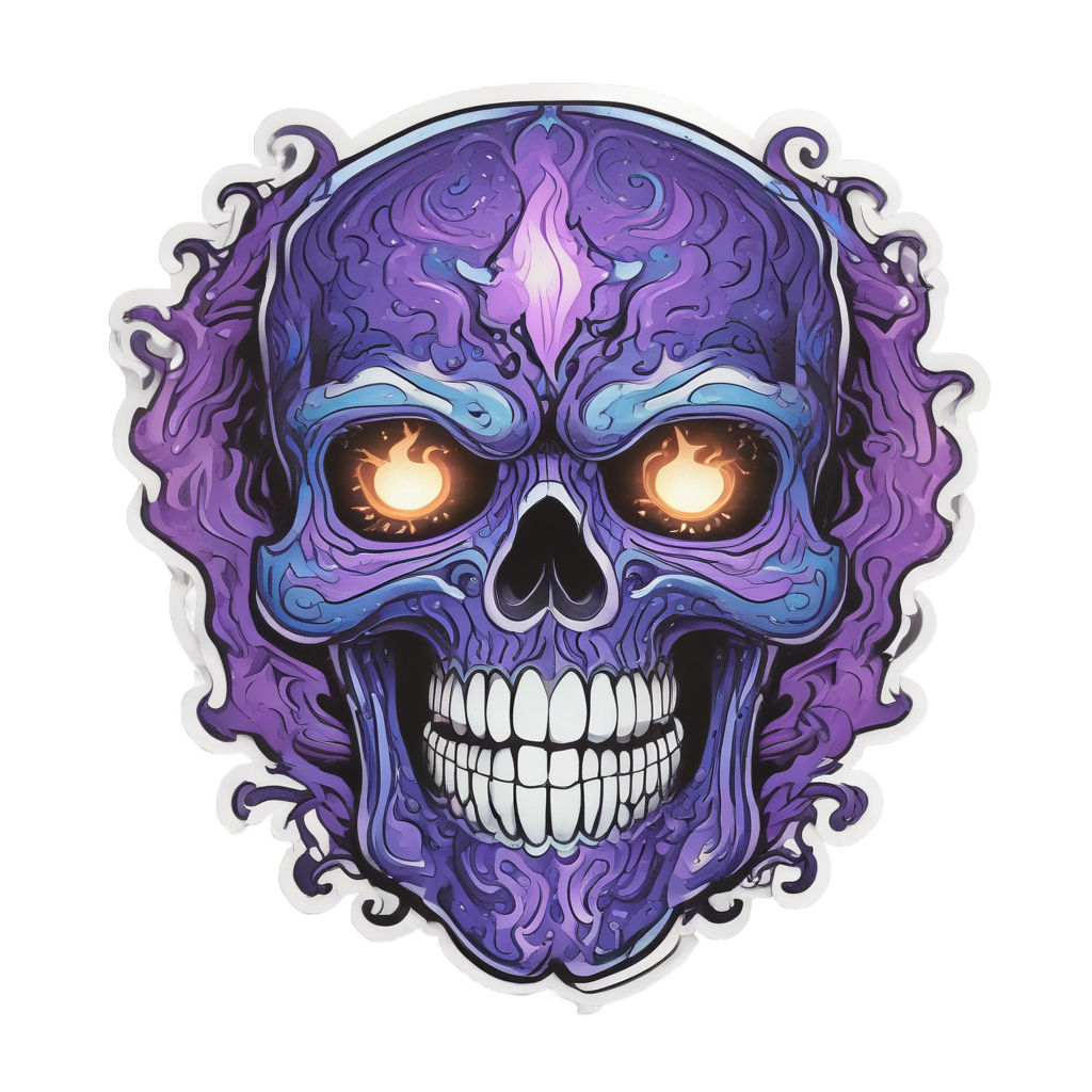 A skull with a black void center surrounded by holographic purple and blue flames