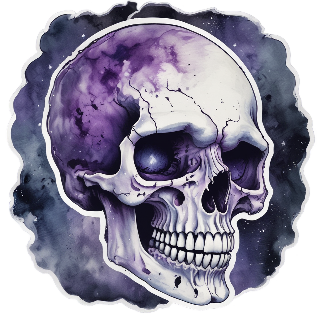 Watercolor skull in purple and navy with starry void eye sockets