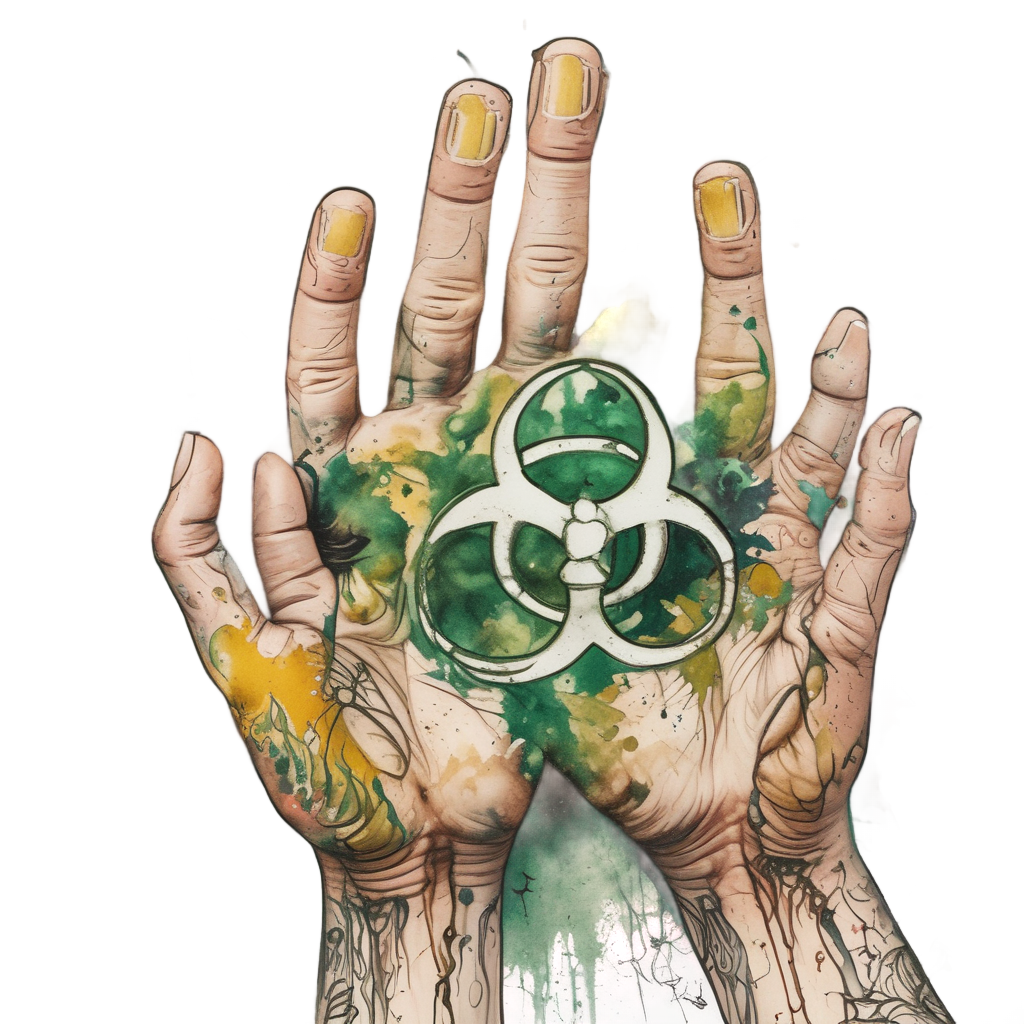 A hand with a biohazard tattoo dripping green goo in watercolor