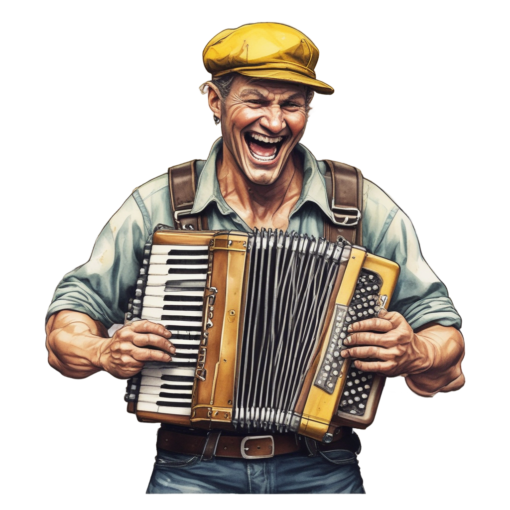 A grimy accordionist with barbed-wire wrapping in dirty watercolor.