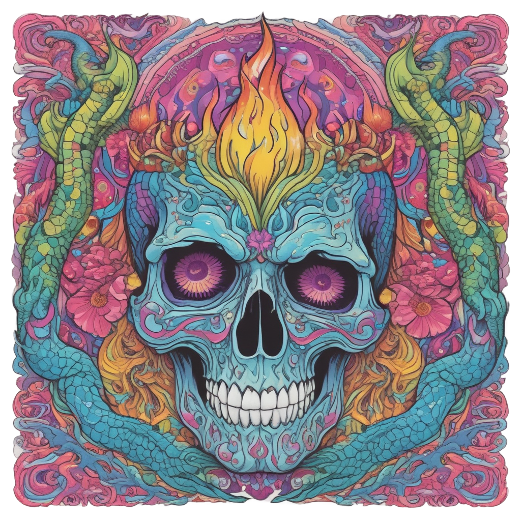 Die-cut sticker of a rainbow neon serpent halo above a skull