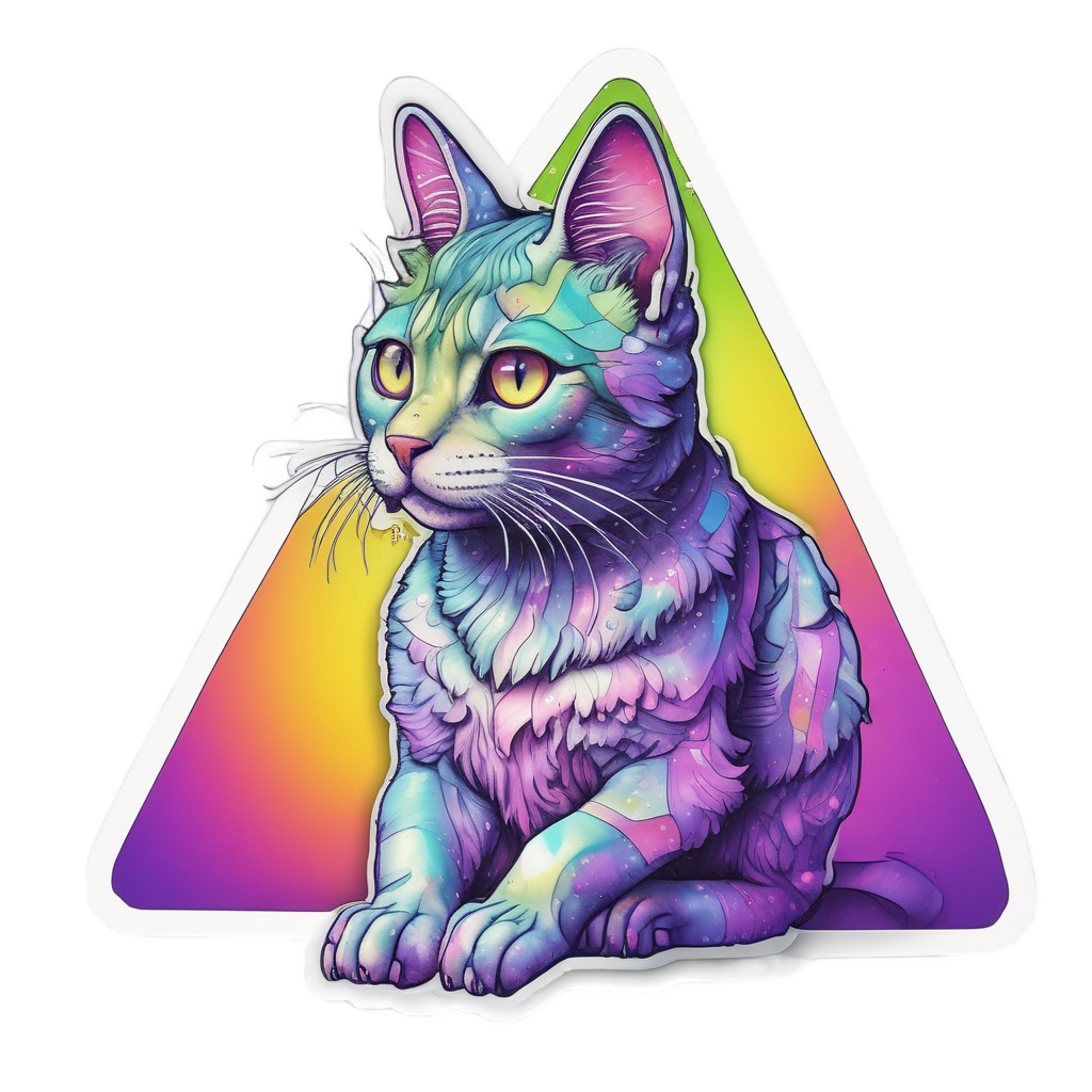 A holographic rainbow cat in a caution triangle