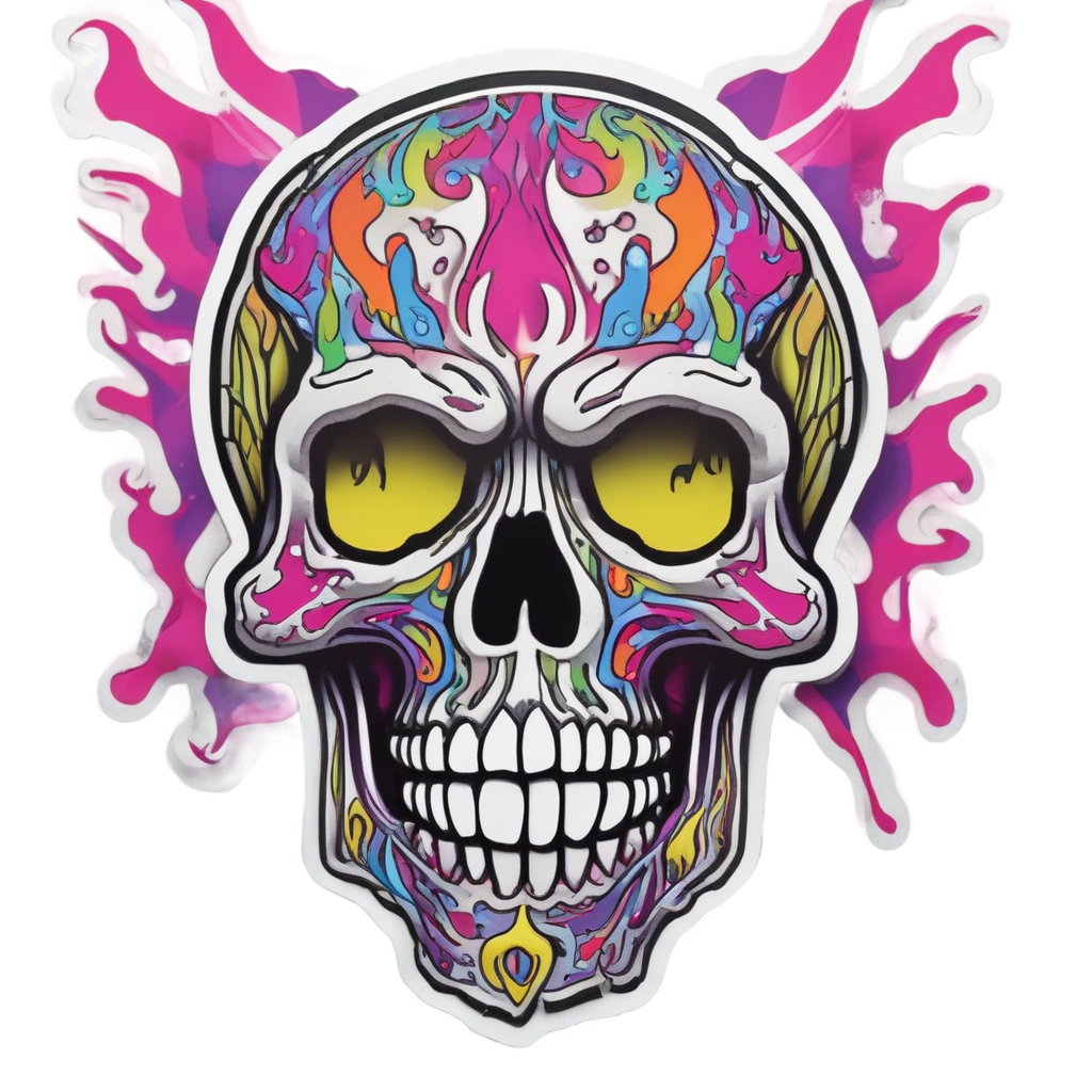 screaming papercut chrome skull with neon green and pink acid flames