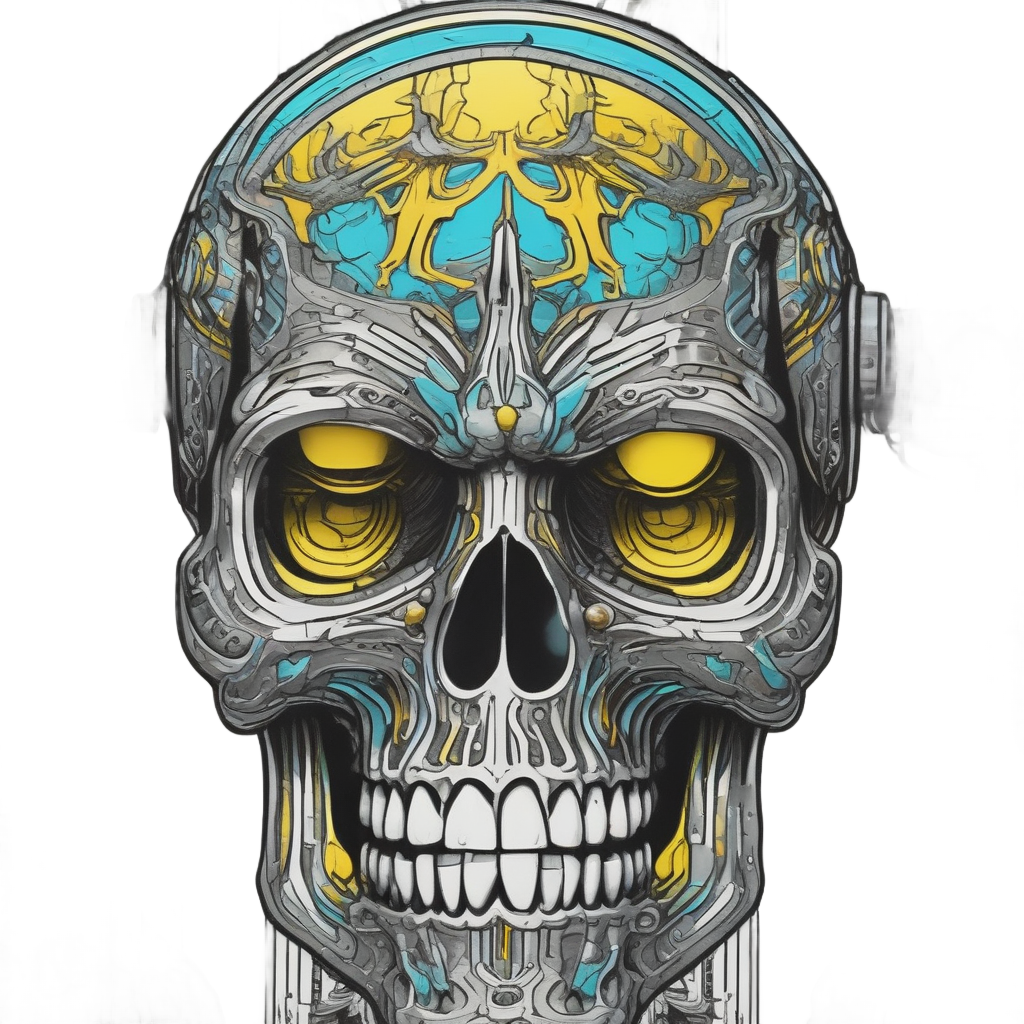 A chrome piston skull scowling with acid cyan and yellow neon