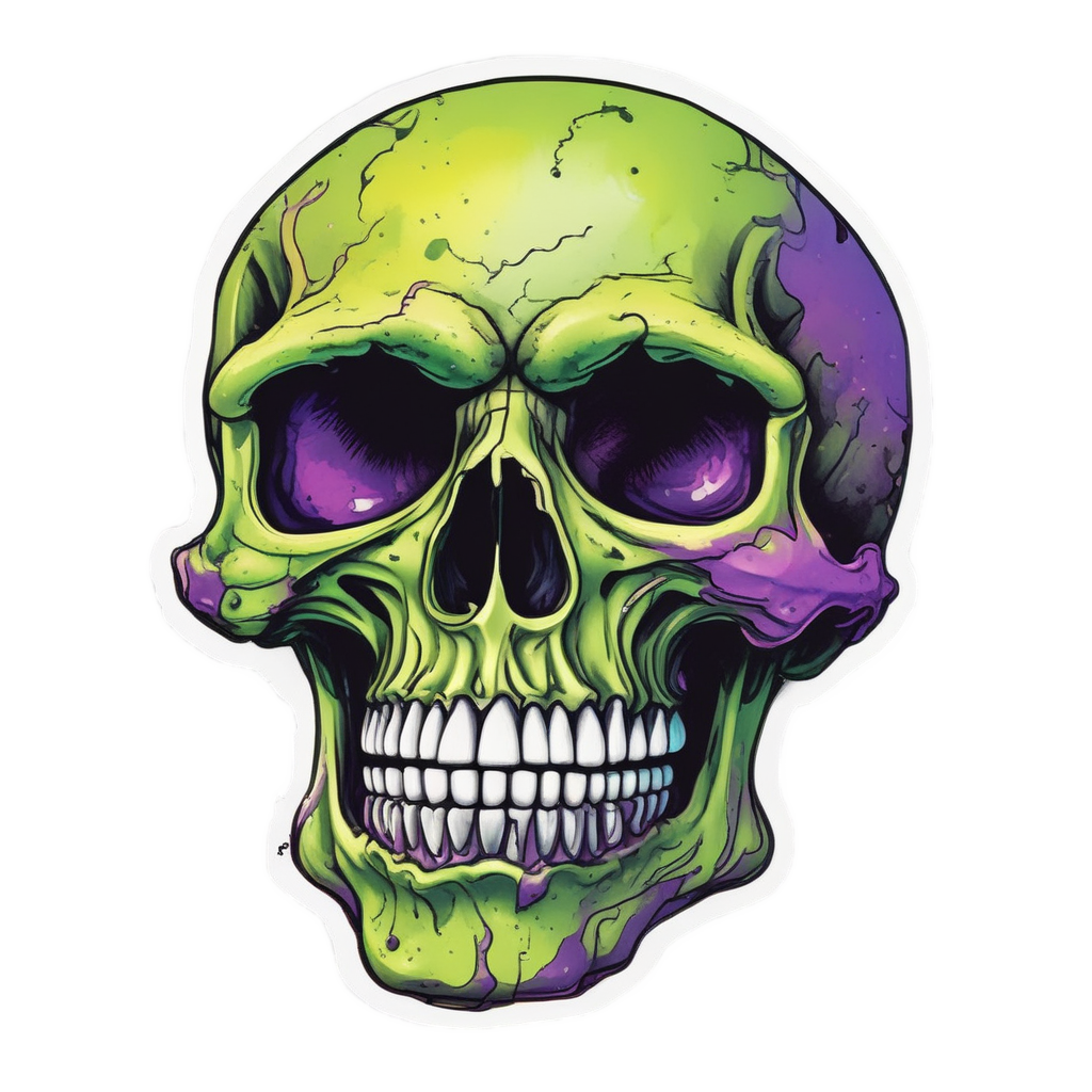 A skull with a cocky smirk dripping lime green and yellow molten acid.