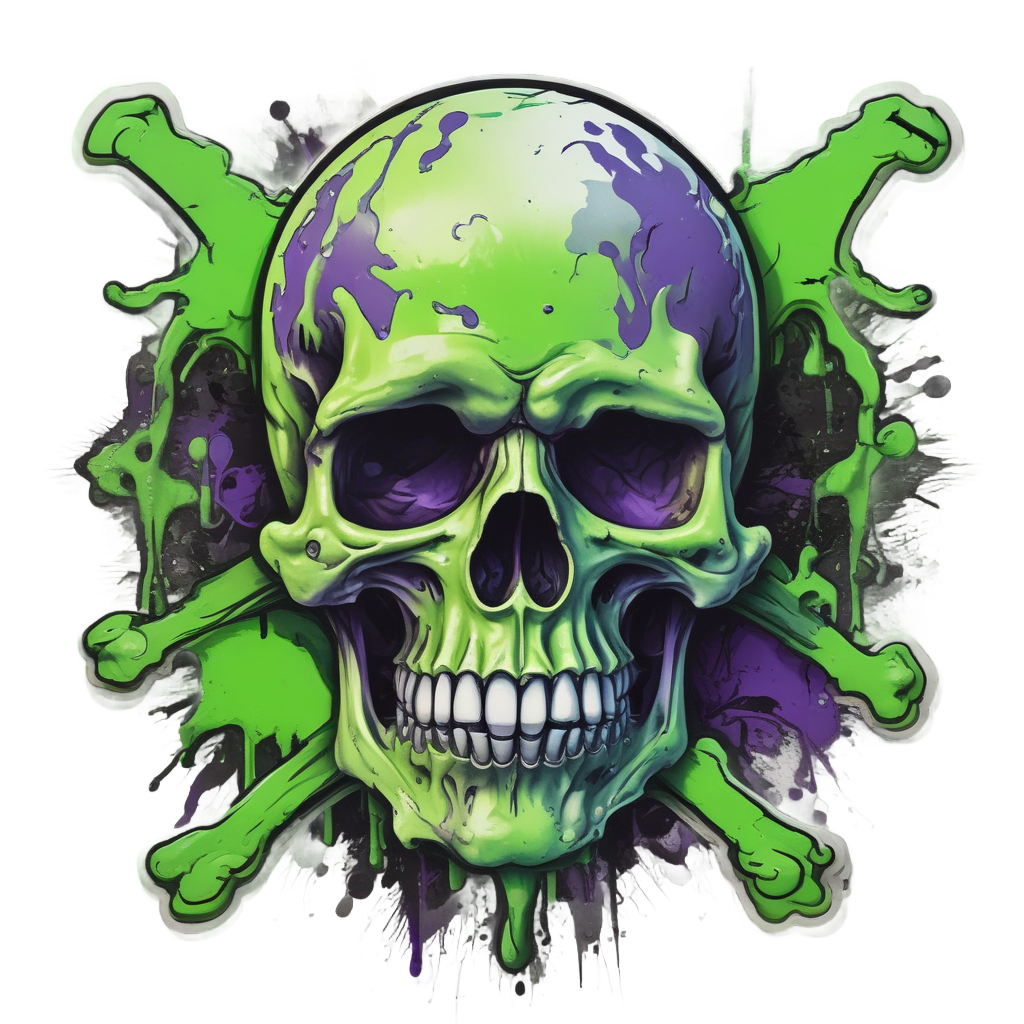 Neon skull dripping with green acid and melting crossbones.