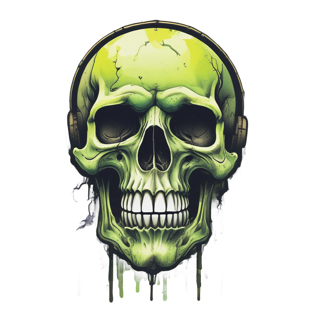 Corroded gas-tank skull dripping neon green acid