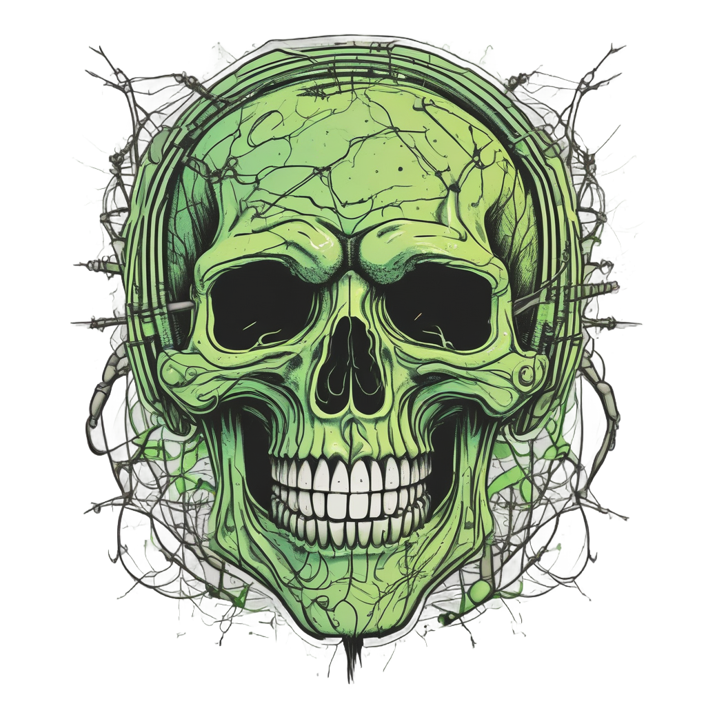 Green neon skull screaming with barbed wire in cheek
