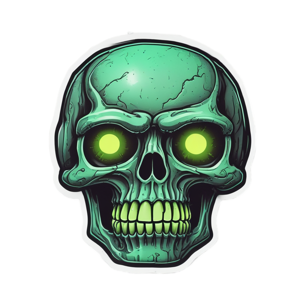 Eerie gas-tank skull sticker with neon green acid eyes