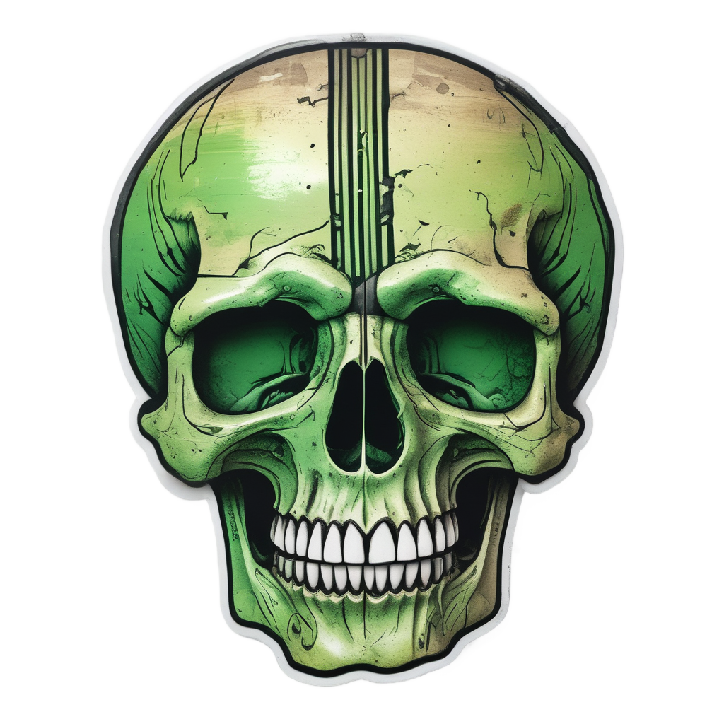 A weathered skull with acid green holographic war-stripes and a scythe icon.
