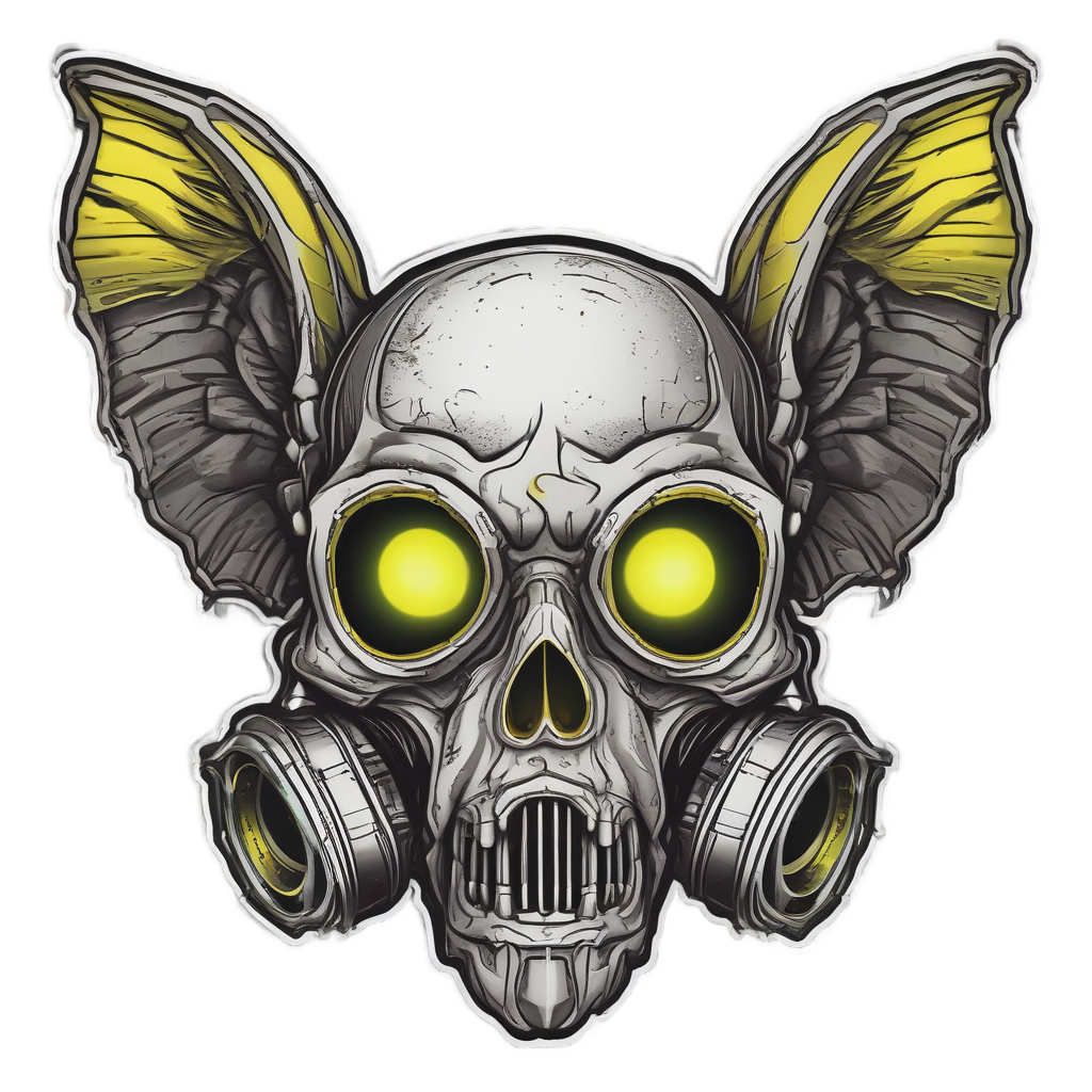 Acid green bat-winged gas mask skull with yellow eyes on a white background