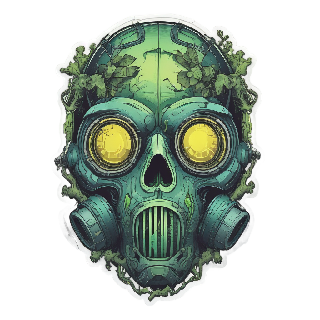 Gas mask skull with neon lime green vines