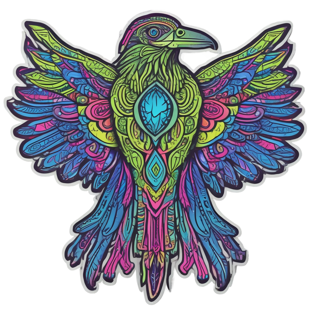 Abstract neon raven totem with tribal patterns and star eyes