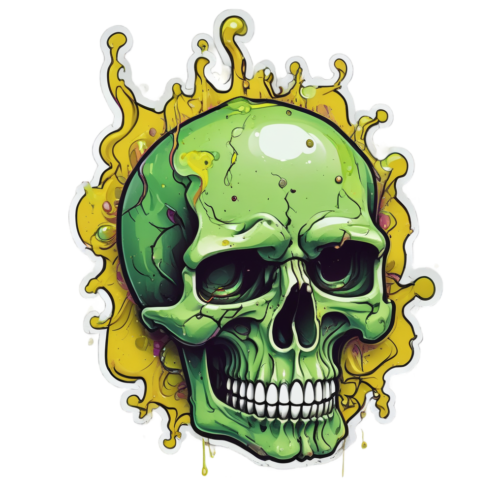 A skull made of acidic neon green and yellow petals dripping and falling like slime
