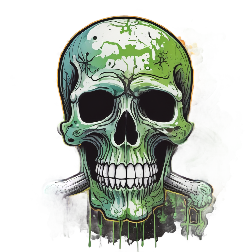 A skull with neon green acid and orange crossbones